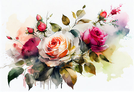 Watercolor rose flower bouquet over white background, generative aiの素材