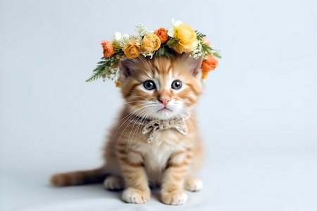 Springtime adorable baby kitten wearing a flower crown, generative aiの素材