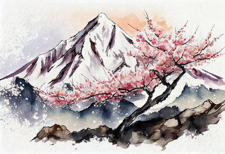 Blooming sakura on the background of snowy mountains. Watercolor hand drawing, generative aiの素材
