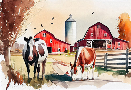 Beautiful American farm scene. horses and cows. Watercolor drawing style, generative aiの素材