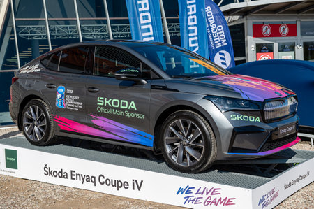 Riga, Latvia, April 28, 2023: new Skoda Enyaq Coupe IV RS  electric SUV premiere at a motor  show, 2023 model, front viewのeditorial素材