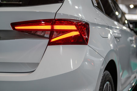 Riga, Latvia, April 28, 2023: LED rear lights and car design closeup of nev Skoda Fabia Monte Carlo, model 2023のeditorial素材