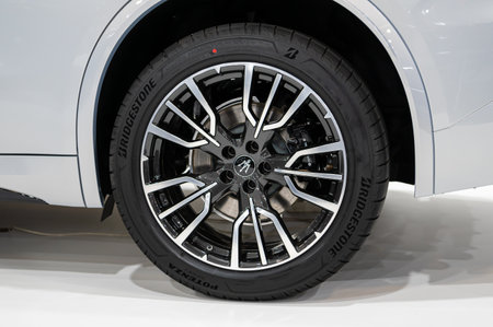 Riga, Latvia, April 28, 2023: Close-up of luxury supercar Maserati Granturismo wheel, decorative new design alloy wheelsのeditorial素材