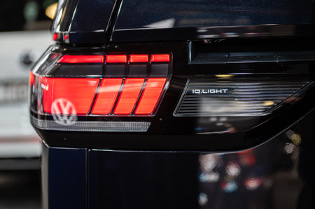 Riga, Latvia, April 28, 2023: LED taillights and car design closeup of nev Volksvagen ID. Buzz electric minivan, model 2023のeditorial素材