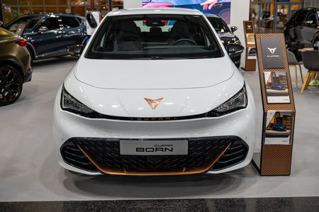 Riga, Latvia, April 28, 2023: fully electric car Cupra born premiere at a motor show, 2023 modelのeditorial素材