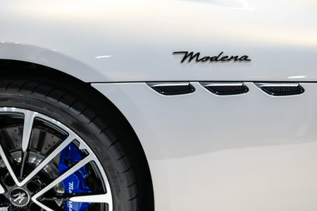 Riga, Latvia, April 28, 2023: close-up of exterior design details of the luxury SUV Maserati Grecaleのeditorial素材