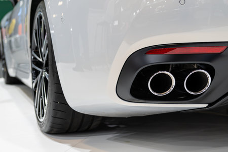 Riga, Latvia, April 28, 2023: supercar Maserati Granturismo exhaust muffler, rear view, closeupのeditorial素材