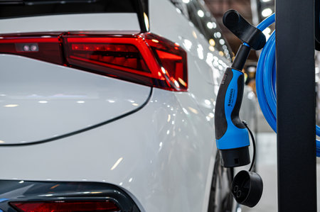Riga, Latvia, April 28, 2023: electric Cupra Born at the charger at the charging stationのeditorial素材