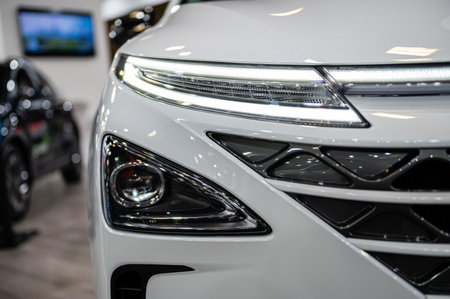 Riga, Latvia, April 28, 2023: LED headlights and car design closeup of nev Hyundai Nexo hydrogen...