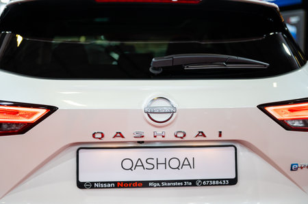 Riga, Latvia, April 28, 2023: New Nissan Qashqai premiere at a motor show, 2023 model, rear viewのeditorial素材