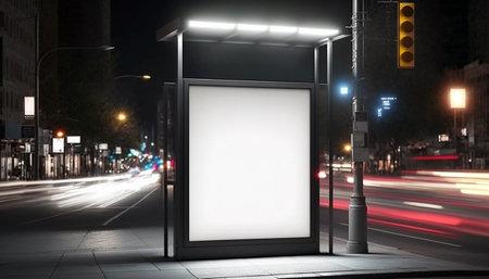 mock up of a light advertising box at a bus stop at night, Generative AIの素材