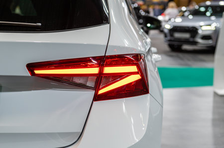 Riga, Latvia, April 28, 2023: LED rear lights and car design closeup of nev Skoda Fabia Monte Carlo, model 2023のeditorial素材