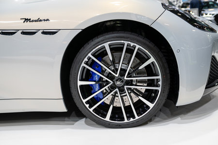 Riga, Latvia, April 28, 2023: Close-up of luxury SUV Maserati Grecale wheel, decorative new design alloy wheelsのeditorial素材
