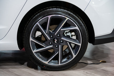 Riga, Latvia, April 28, 2023: Close-up of Hyundai i30 Fastback wheel, decorative new design alloy wheelsのeditorial素材