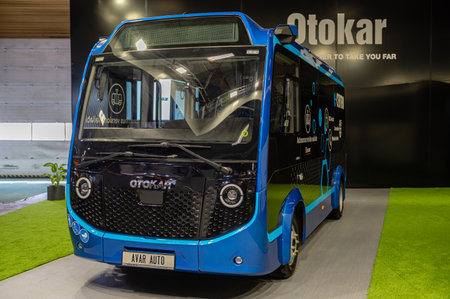 Riga, Latvia, April 28, 2023: electric bus Otokar e-Centro C exhibited at the Riga Motor Showのeditorial素材