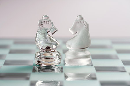 two opponent glass chess knights on a glass chess board, light background, copy spaceの写真素材