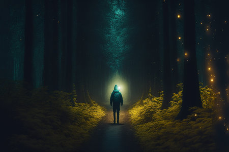 Person walking from far in a green forest between the small golden spirits of forest,. Generative AIの素材