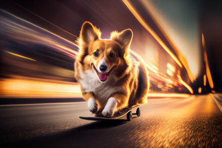 corgi on a skateboard driving at high speed in the middle of the highway between cars, Generate AIの素材