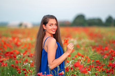 portrait of elegant young woman with long hair in poppy field in evening sunlightの写真素材