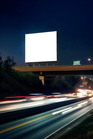 Advertising billboard white screen beside the expressway with car motion blur. generative aiの素材