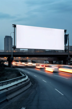 Advertising billboard white screen beside the expressway with car motion blur. generative aiの素材