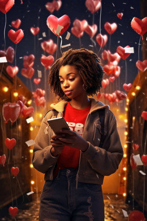 Love mail. African American girl holding smartphone with hearts flying out of it, Generative AIの素材