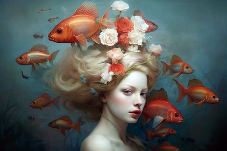 Fantasy collage, woman with fish and flowers. generative aiの素材
