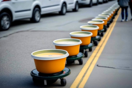 Line of soup plate with wheels on the street in city, abstract food delivery concept, generative aiの素材