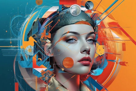 Real with the surreal. Dream - like collage of futuristic AI technology and human. generative aiの素材