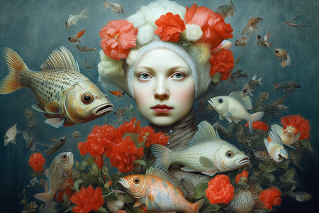 Fantasy collage, woman with fish and flowers. generative aiの素材