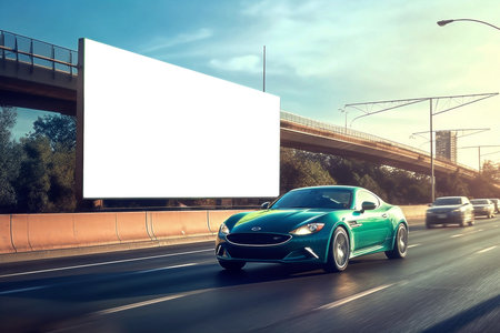 Advertising billboard white screen beside the expressway with car motion blur. generative aiの素材