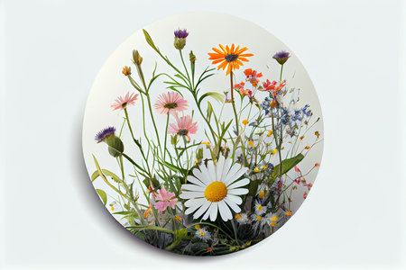 Watercolor wildflowers and clover round composition on white background, generative aiの素材