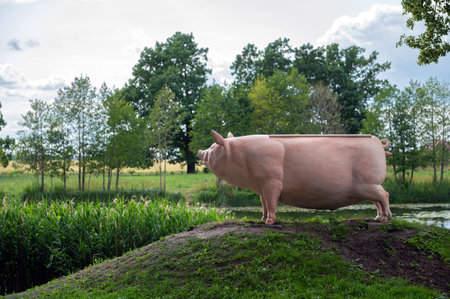 A pig sculpture-bench on a hill in Pakruojis manor park.  Lithuaniaの素材 [FY310213399513]