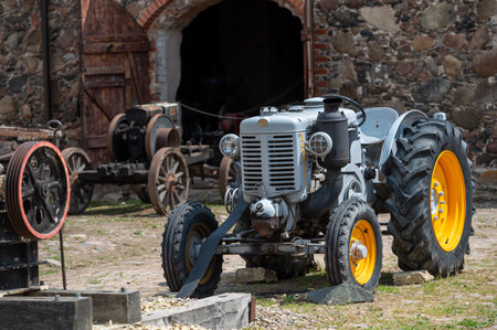Pakruojis, Lithuania. July 1, 2023: Exhibition of historical agricultural machinery on the territory of the manor.のeditorial素材