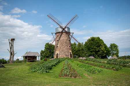 Pakruojis, Lithuania. July 1, 2023: Old windmills in the Pakruojis manor complex.のeditorial素材