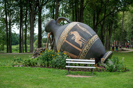Pakruojis, Lithuania. July 1, 2023: Flower festival in Pakruojis manor. Sculptures and flower installations in the manor park.のeditorial素材