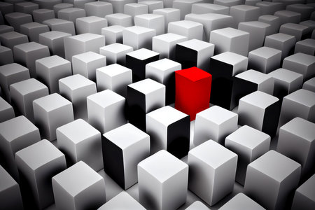 One red 3d cube among many white ones, concept of diversity and individuality, generative aiの素材