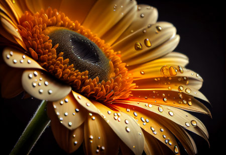 Yellow gerbera flower macro shot of a water drops falling on a flower petals, generative aiの素材
