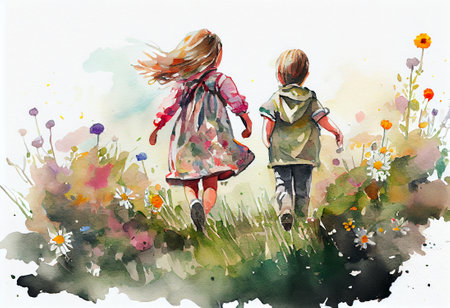 children running in spring meadow among blooming flowers and butterflies, realistic, generative aiの素材