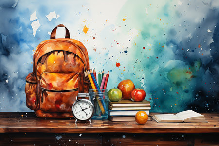 Back to school concept. Backpack, books, apple, pencils and alarm clock on wooden tableの素材