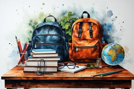 Back to school concept. School supplies on wooden table, watercolor illustrationの素材