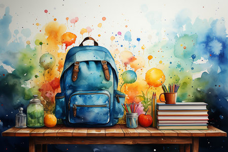 Back to school concept. School supplies on wooden table. Watercolor paintingの素材