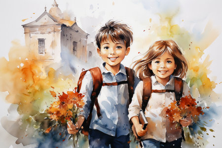Boy and girl with backpacks and bouquet of autumn leaves. Digital watercolor painting.の素材