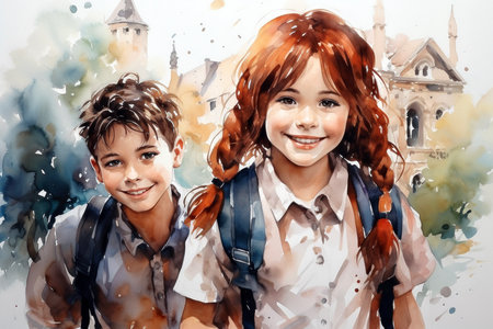 Portrait of two smiling schoolchildren with backpacks. Education concept. Watercolor styleの素材