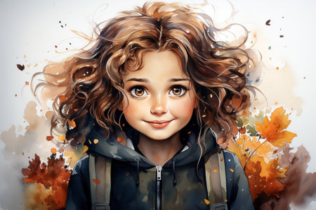 Portrait of a beautiful young woman with curly hair. Autumn theme.の素材
