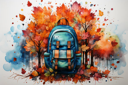 School backpack on a background of autumn forest. Watercolor illustration.の素材