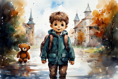 Little boy with backpack and teddy bear in the city. Digital watercolor paintingの素材