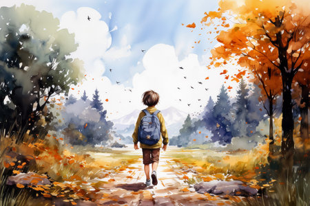Boy walking in autumn park. Watercolor illustration for your designの素材