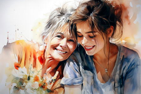 Portrait of happy mother and daughter. Watercolor painting style.の素材