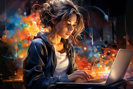 Portrait of a young woman working on a laptop at night.の素材